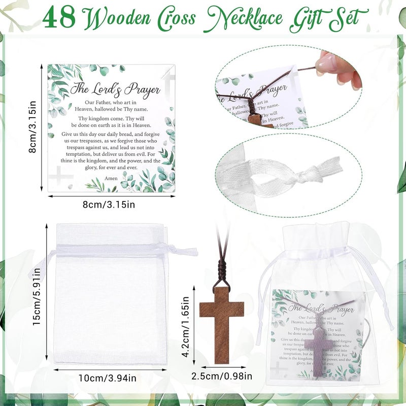 Ecation Wooden Cross Necklace Bulk Wood Cross Pendant Necklace with Lord's Prayer Cards Organza Bags for Family Friend Christian Church Jesus Religious Gift Sunday School Party Christian Gift - Image 2